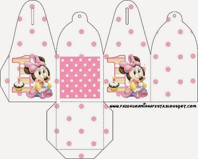 Minnie Primer Año con Lunares: Cajas para Imprimir Gratis. Caja para cupcakes o golosinas de Minnie Primer Año con Lunares.
