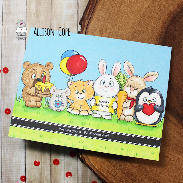 Lots of Critters Birthday Card by Allison Cope featuring LOTS of digital stamps from Gerda Steiner Designs. Copic coloring.