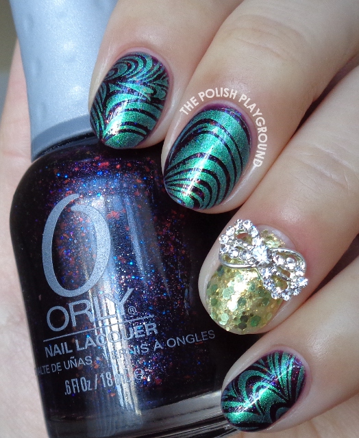 Shimmery Green Water Marble Inspired Stamping Nail Art