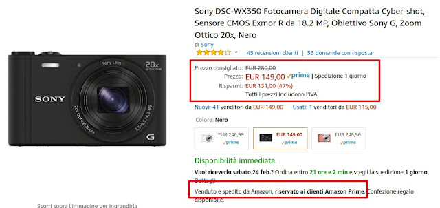 Offerta del giorno Amazon: fotocamera compatta Sony DSC-WX350, nuovamente in offerta a 149 euro venduta e spedita da Amazon