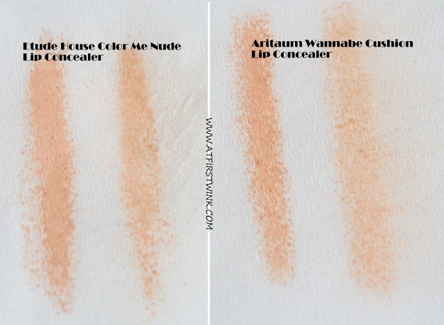 Aritaum wannabe cushion lip concealer compared to the Etude House Color me nude lip concealer