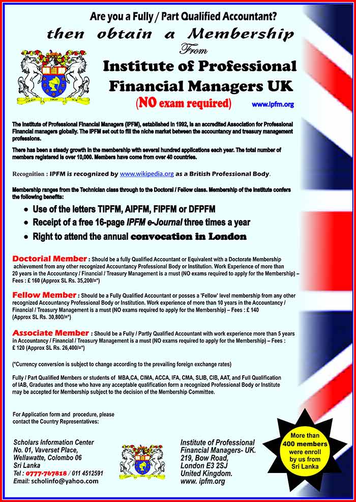 The Institute of Professional Financial Managers (IPFM), established in 1992, provides an organization for professional, financial managers. The IPFM set out to fill the niche market between the accountancy and treasury management professions.  There has been a steady growth in the membership with several hundred applications each year. The total number of members registered is over 10,000. Members have come from over 40 countries.  There has also been a steady demand from members to be representatives in their own countries. There are over 30 such representations around the world.  IPFM has established links with reciprocal bodies in Australia, Belgium, Canada, Ghana, India, Nigeria, Pakistan, South Africa, UK, USA and Zimbabwe. These bodies accept our members as their members on payment of the appropriate fee. In most instances, there is no need for our members to complete application forms other than the one on joining the IPFM.