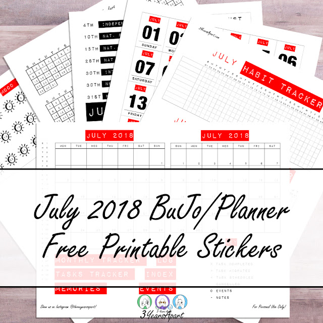 6 sheets of free printable July 2018 calendar and stickers for bullet journals, planners, and diary