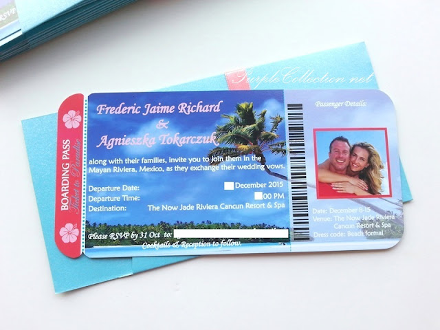 wedding boarding pass card, beach, coconut tree, coral colour, sky blue, peach, turquoise, casual, printing, malaysia, canada, USA, australia, singapore, kuala lumpur, selangor, cetak, modern, hibiscus, photo, mexico, facebook, purple collection, decoration, envelope 80g, art card, pearl card, high quality, travel, passport, design, designer, portfolio, gallery, personalised, personalized, floral, flower, peonies, peony, sweet, elegant, unique, special, one of its kind, ticket to paradise, etsy, sandy, the now jade riviera cancun resort & spa, mayan riviera, international, online order, purchase, buy, china, mass production, minimum order, quantity, barcode, passenger receipt, air asia, MAS