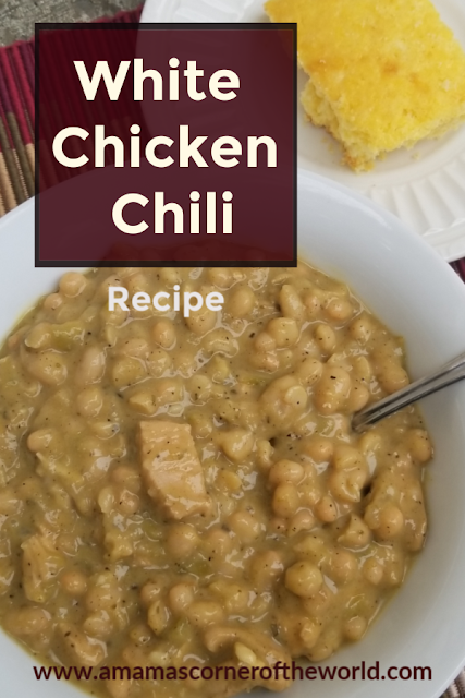 Pinnable image for a white chicken Chili Recipe made from dry beans