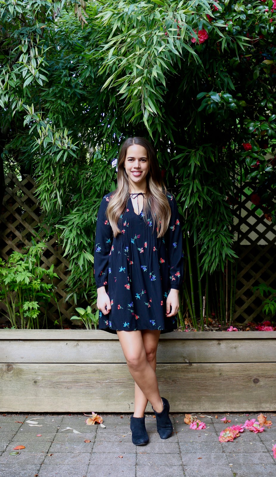 Jules in Flats - Floral Tie Neck Swing Dress with Ankle Boots (Business Casual Spring Workwear on a Budget)