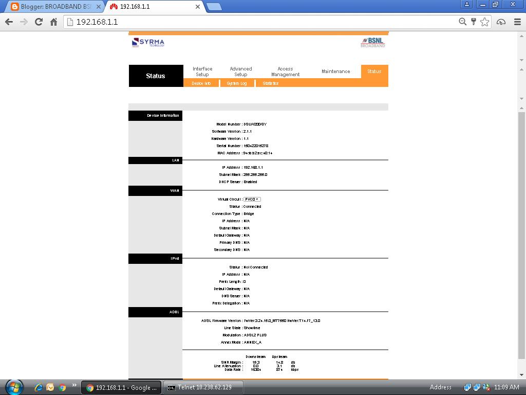 BROADBAND BSNL BSNL MODEM DSLW200_SY CONFIGURATION