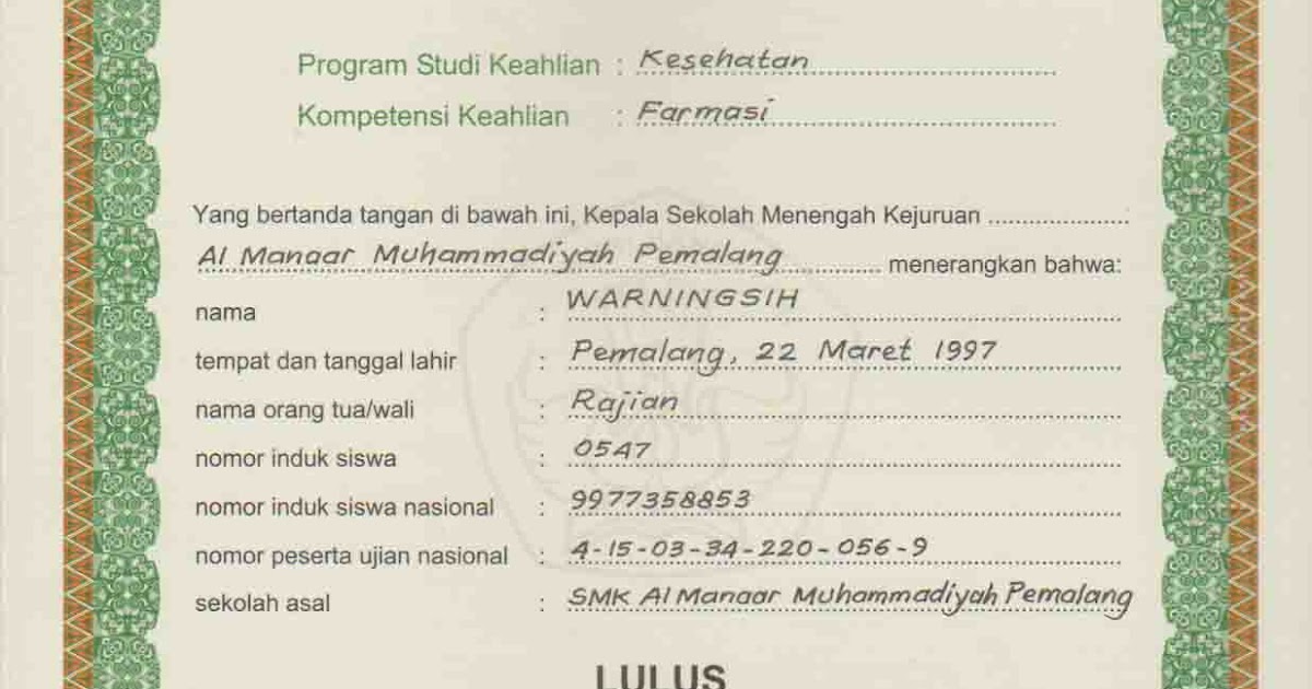 CONTOH IJAZAH DARI SMK AL MANAAR MUHAMMADIYAH PEMALANG CONTOH IJAZAH DARI SMK AL MANAAR MUHAMMADIYAH PEMALANG