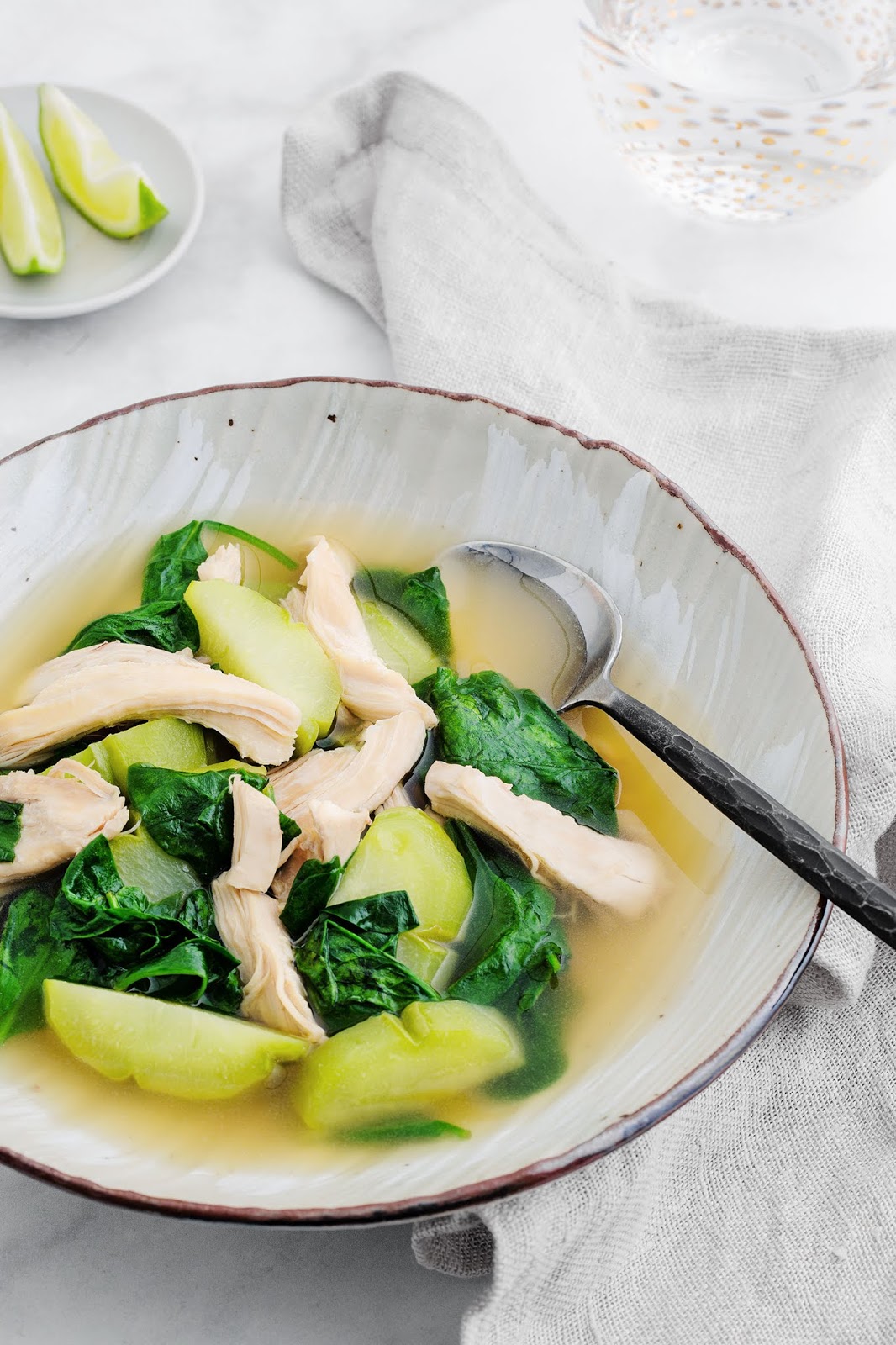 Chicken Ginger Soup with Chayote & Spinach