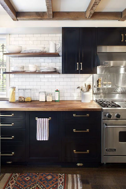 Black Kitchen Cabinets with white countertops and butcher block counters :: OrganizingMadeFun.com Black Kitchen Cabinets with white countertops and butcher block counters :: OrganizingMadeFun.com