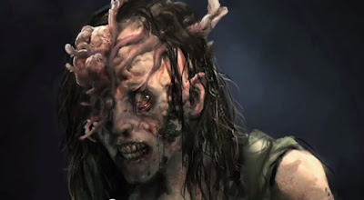 Drawing of a zombie woman with white specks protruding from her head. Image from the video game The Last of Us.