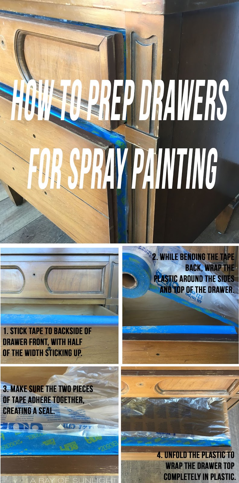 How to prep furniture for paint by taping off your furniture for a paint sprayer. This is the best way to spray your furniture without getting overspray inside the drawers and cabinet spaces. How to Use a Paint Sprayer on Furniture by A Ray of Sunlight