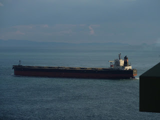 Big oil tanker ship as seen from the maintainance pathway under the Akashi Kaikyo Bridge, Maiko, Kobe