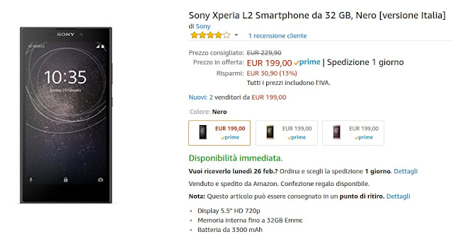 Sony Xperia L2 su Amazon ora costa 199 euro…ma è ancora troppo