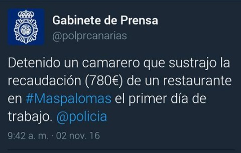Detenido en Maspalomas por robar en su primer día de trabajo Detenido en Maspalomas por robar en su primer día de trabajo