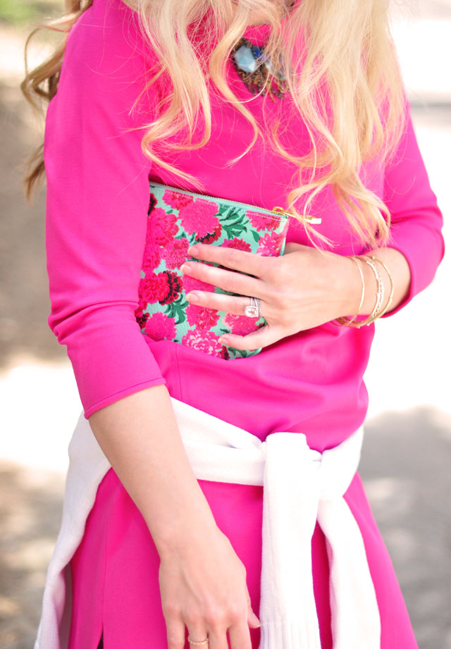 outfit details, Summer brights, pink and aqua, tibi dress, marc jacobs floral pouch