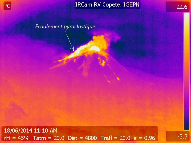 Ecoulement pyroclastique sur le volcan Reventador vu par une webcam thermique, 18 juin 2014