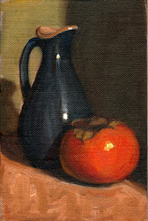 Oil painting of a persimmon beside a dark blue sauce jug.