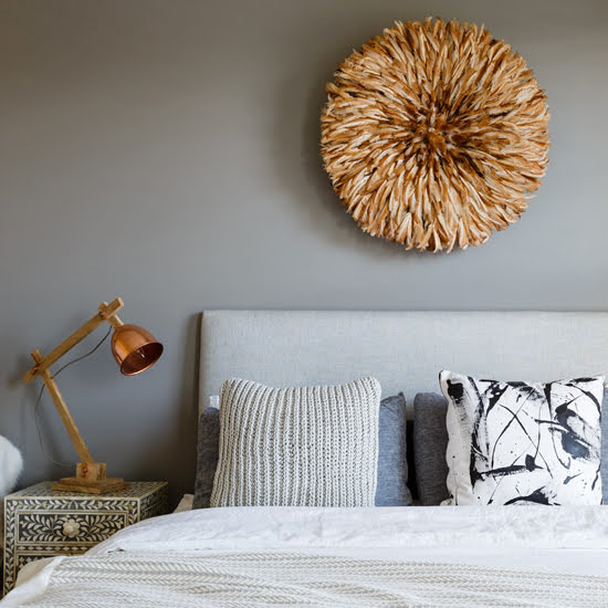 Safari Fusion blog | Bamileke feather headdress styling | A contemporary style teenager’s bedroom with our Natural Bamileke Feather Headdress [Juju Hat] | Interiors by Liberty Interiors