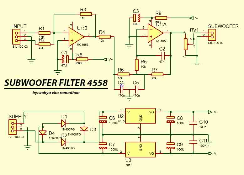 Subwoofer Filter 4558 complete Regulated Power Supply - Electronic Circuit