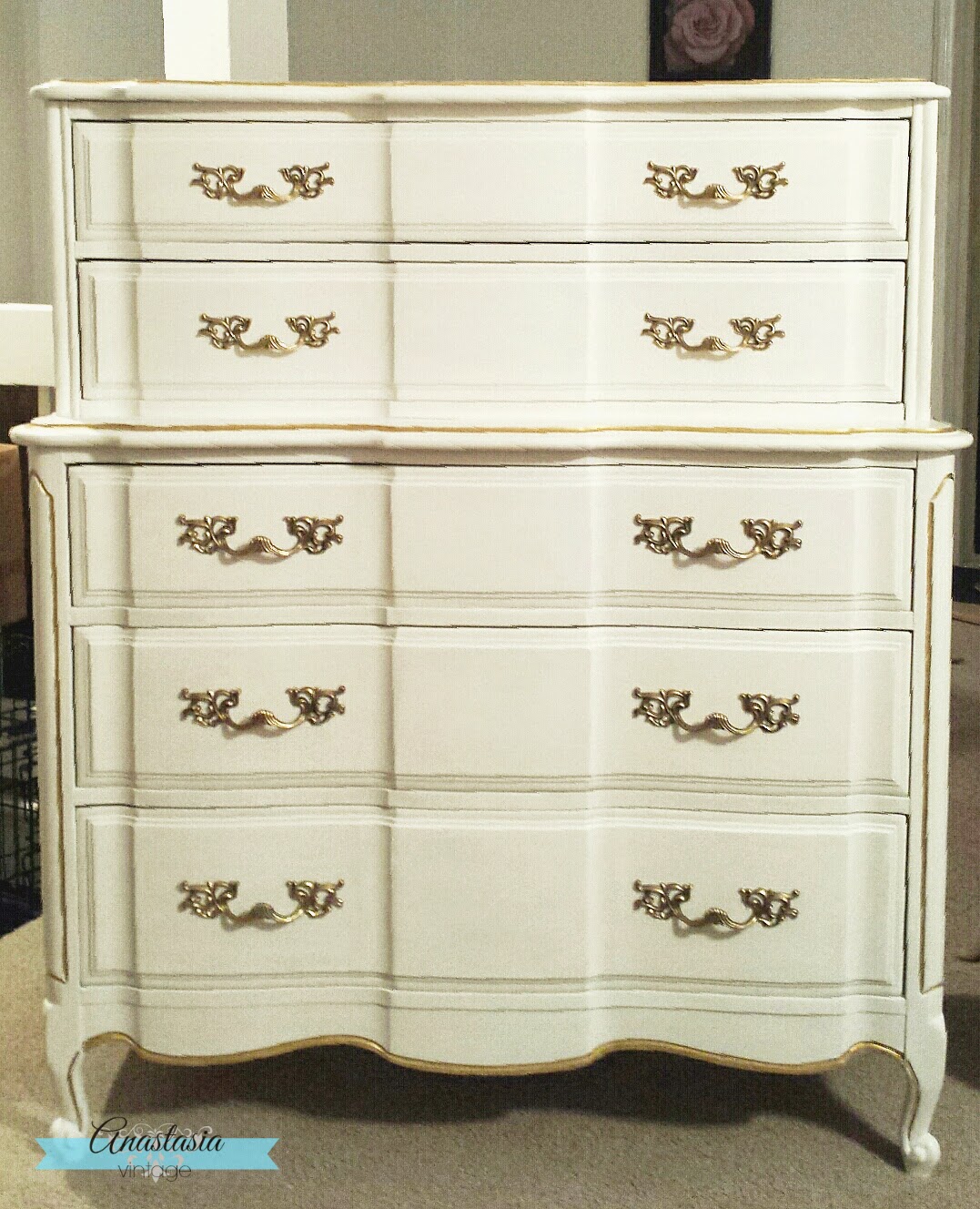 French Provincial dresser chest of drawers white and gold furniture makeover