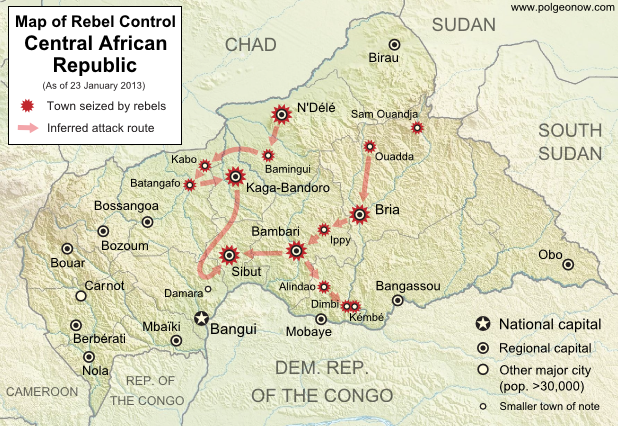 Map of rebel control in the Central African Republic, updated for the reported occupation of Dimbi and Kembe towns after the January 2013 ceasefire