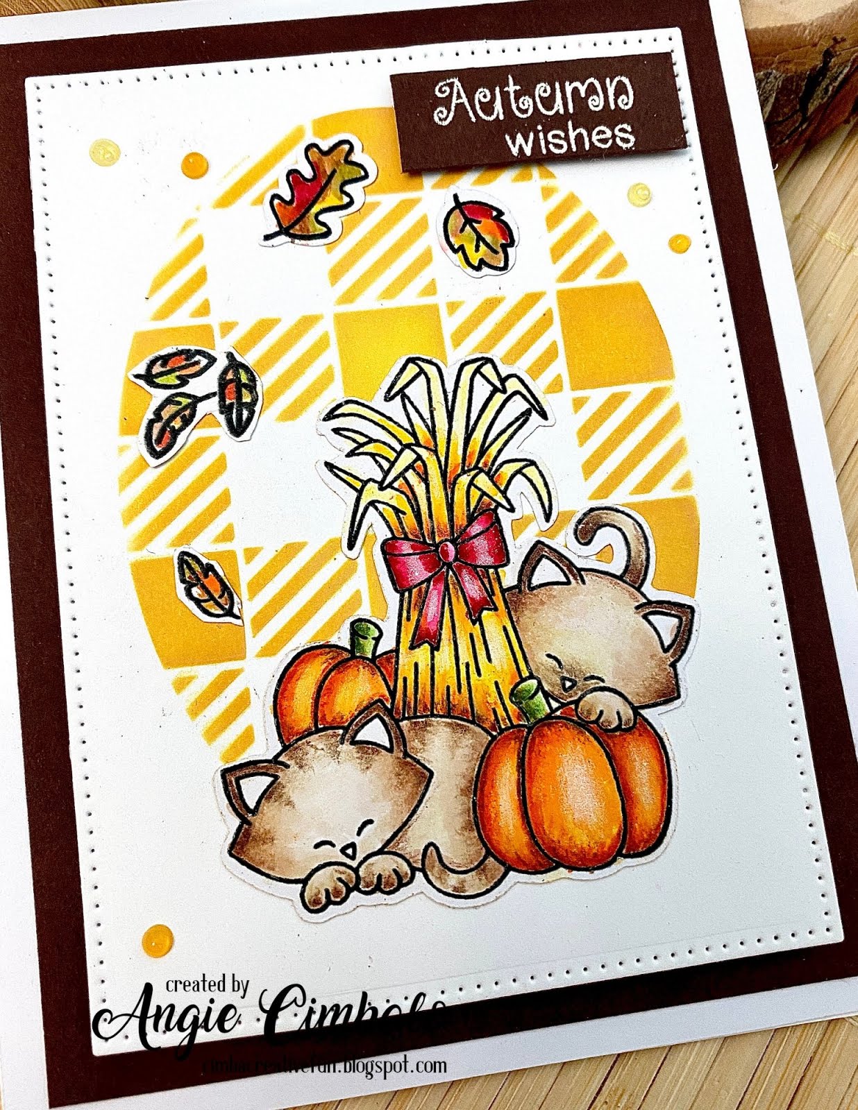 Fall Themed Cat Card by August Guest Designer Angie Cimbalo | Autumn Newton Stamp Set, Beautiful Leaves Stamp Set, Newton's Birthday Flutter Stamp Set and Gingham Stencil by Newton's Nook Designs  #newtonsnook #handmade