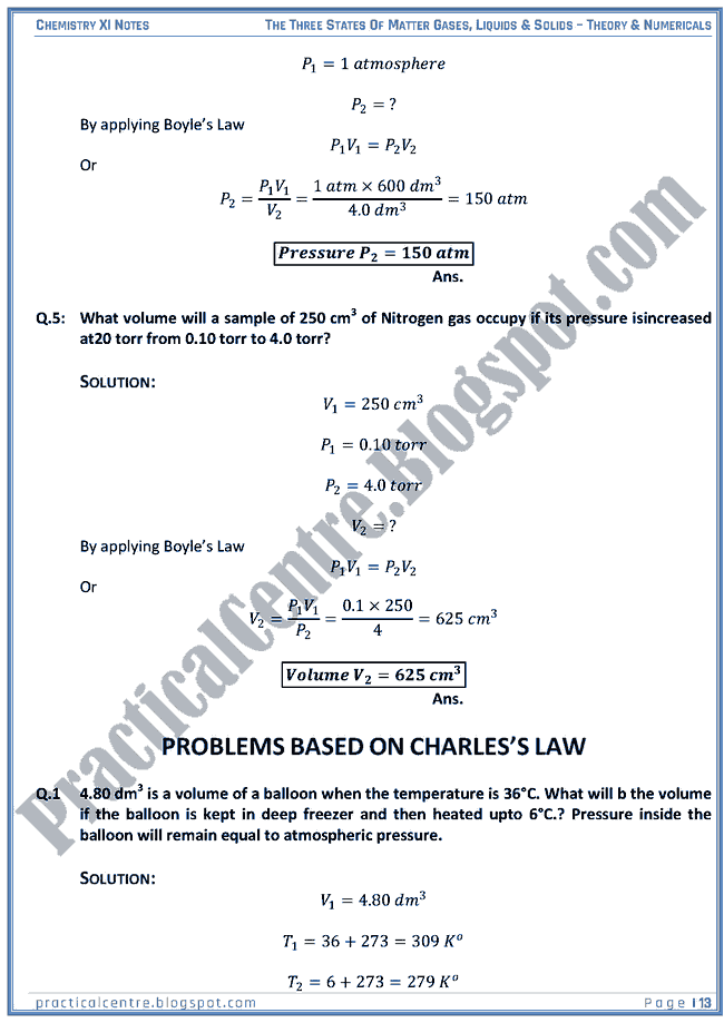 Three States Of Matter Gases, Liquid And Solids - Theory And Numericals (Examples And Problems) - Chemistry XI