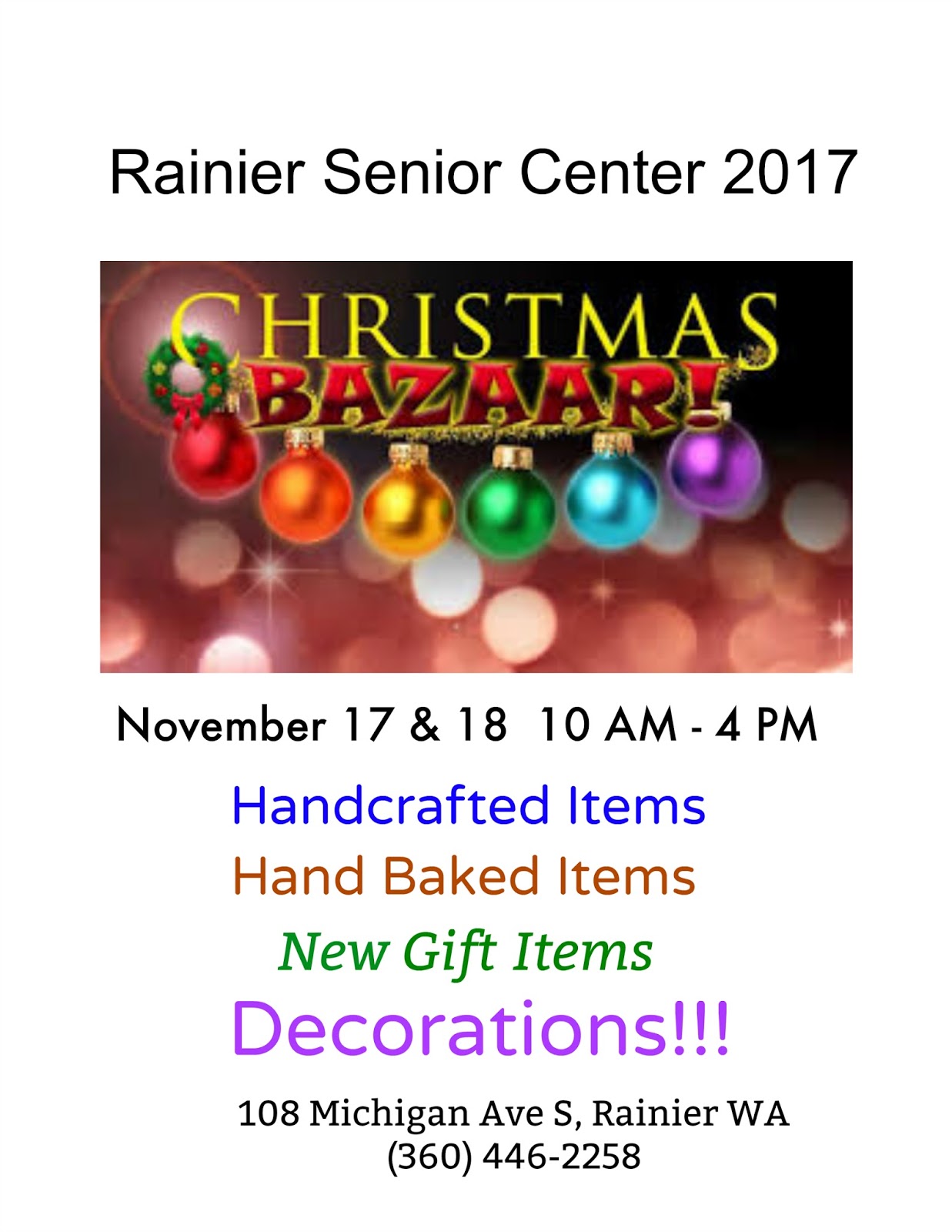 Senior Center of Rainier News Christmas Bazaar 2017 at the Rainier Senior Center!