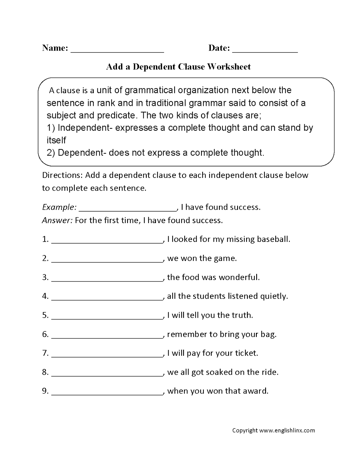 Sentence Phrase And Clause Worksheet