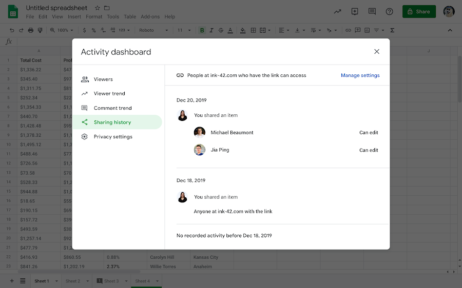 Sharing history provides users with granular visibility into how your document is being shared with others across your organization and elsewhere. You’ll now see who shared access with who and what level editing access they’ve been granted.