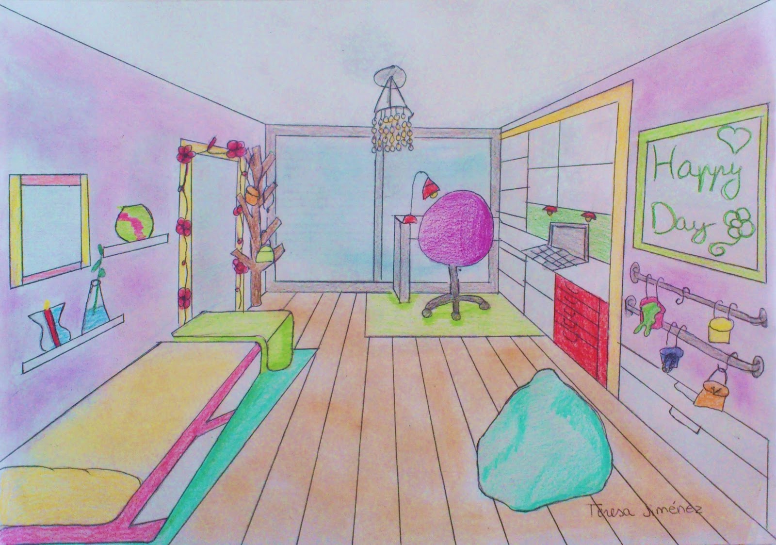 Рисунок комнаты 7 класс легко. Комната для рисования. Детская комната в перспективе. Интерьер детской комнаты изо. Комната девочки рисунок.