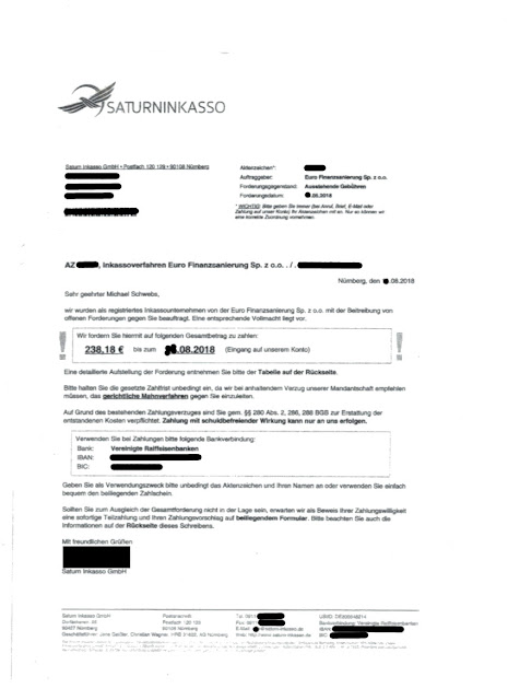 Scan: Zahlungsaufforderung Saturn Inkasso GmbH, Seite 1 von 2 / August 2018