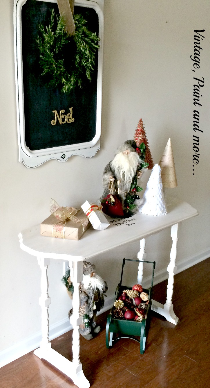 Vintage, Paint and more... vintage Christmas decor with diy vintage mirror chalkboard, diy boxwood wreath, diy cone trees and old world Santa