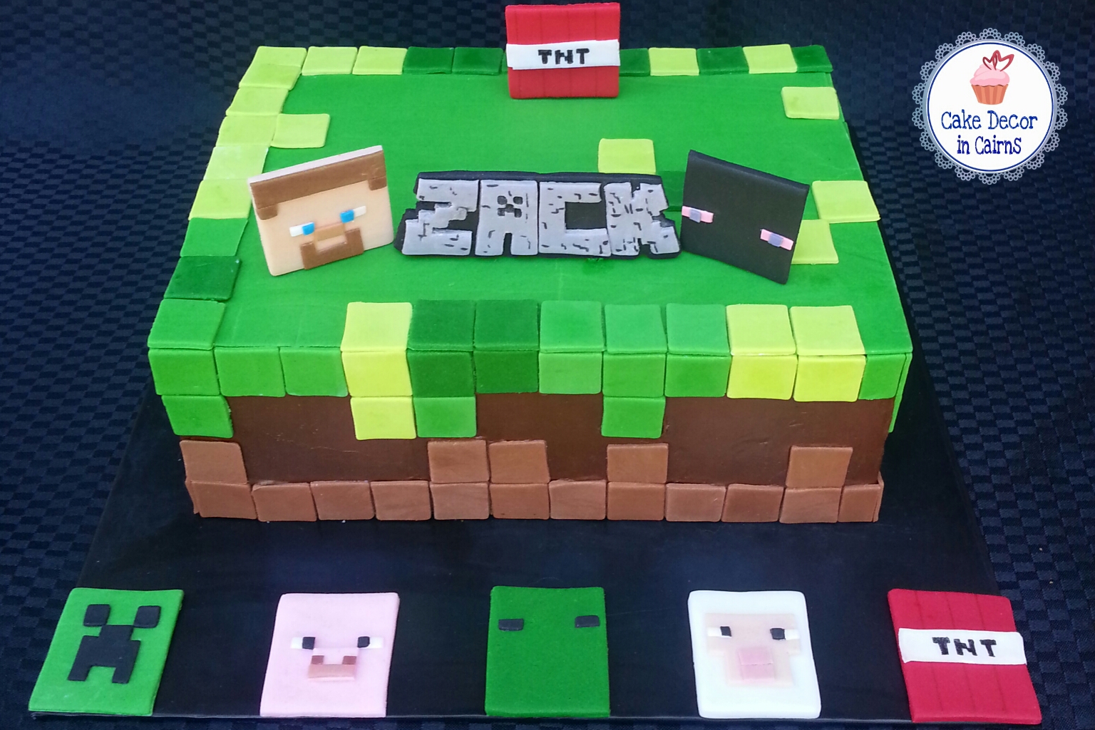 Minecraft Cake Chocolate Ganache Fondant accents Steve Zombie Creeper TNT Pig Sheep Cupcake Toppers on Cake