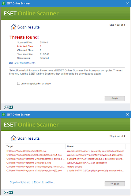 ESET Online Scanner risultati scansione