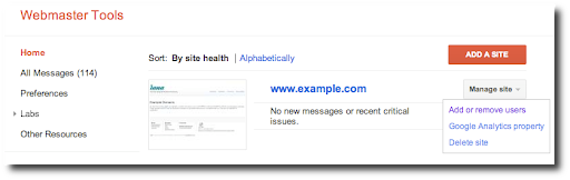 Context menu for managing site settings and owners from the Webmaster Tools home page