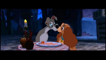 Lady and Tramp kissing Lady and the Tramp 1955 animatedfilmreviews.filminspector.com