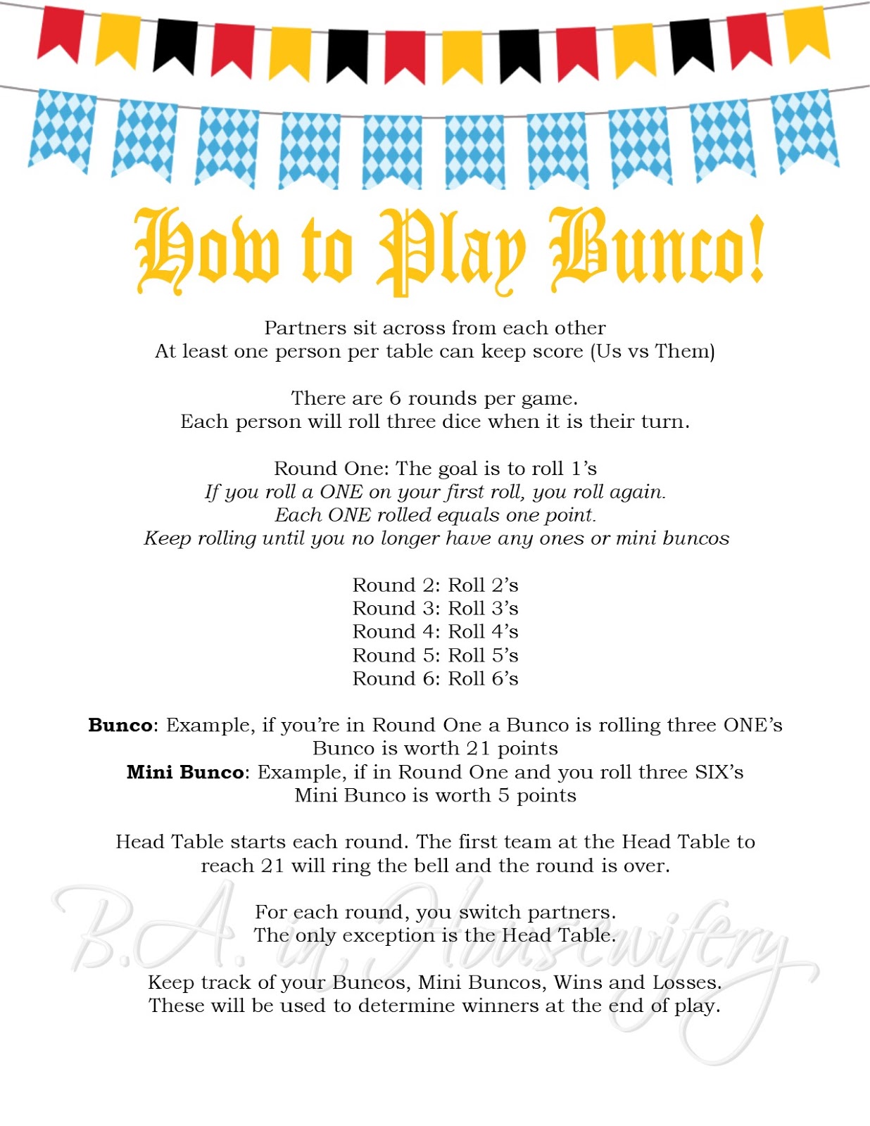 Rules For Bunco Printable