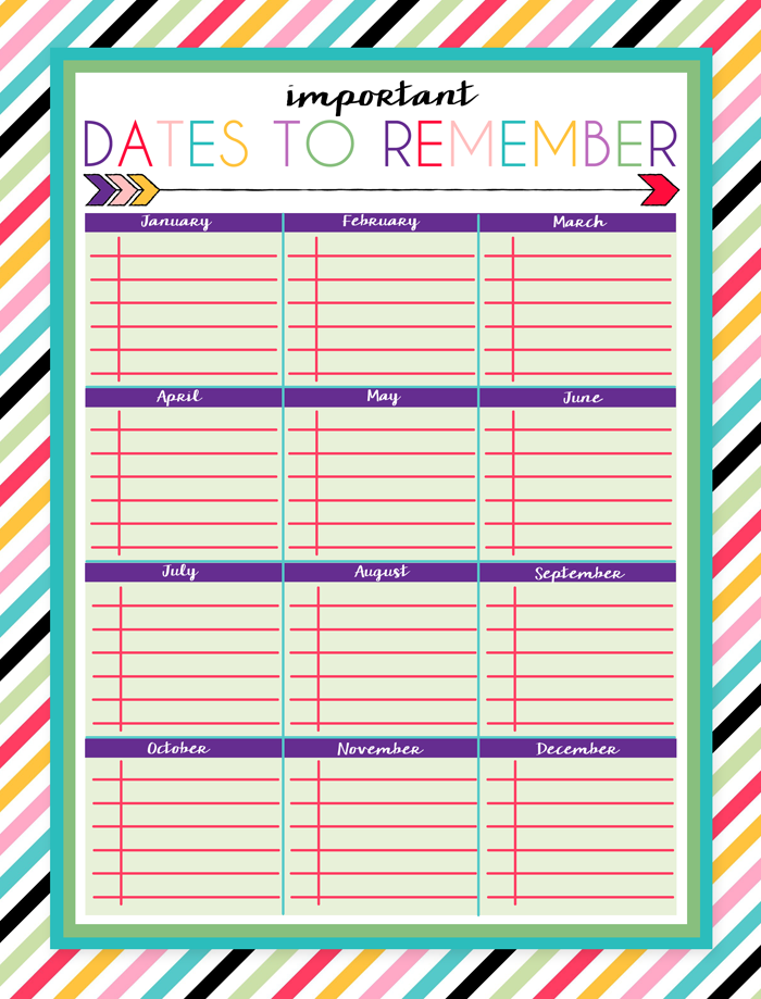 Free Printable Dates to Remember Log | Perfect for family birthdays, anniversaries, and more! | This is a part of a series of over 30 free organizational printables from ishouldbemoppingthefloor.com | Three Designs & Instant Downloads