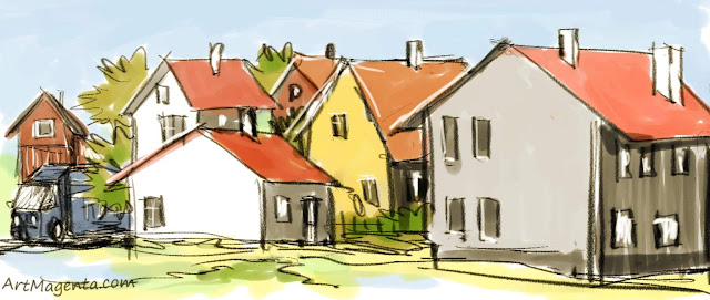 Close standing houses is a drawing by artist and illustrator Aetmagenta