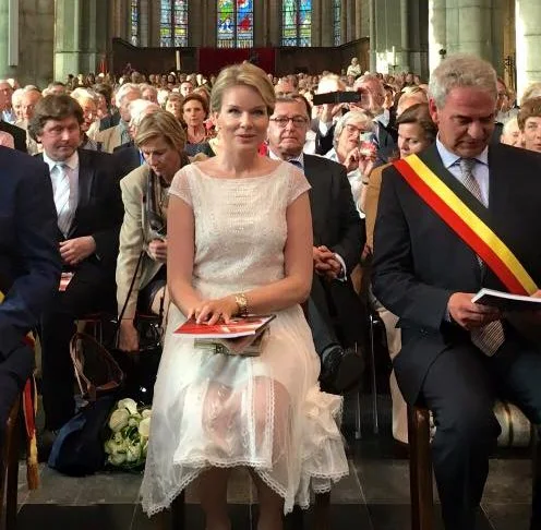 Queen Mathilde attended a concert at the Abbaye du Val-Dieu. Queen Mathilde wore Alice By Temperley London lace Dress.