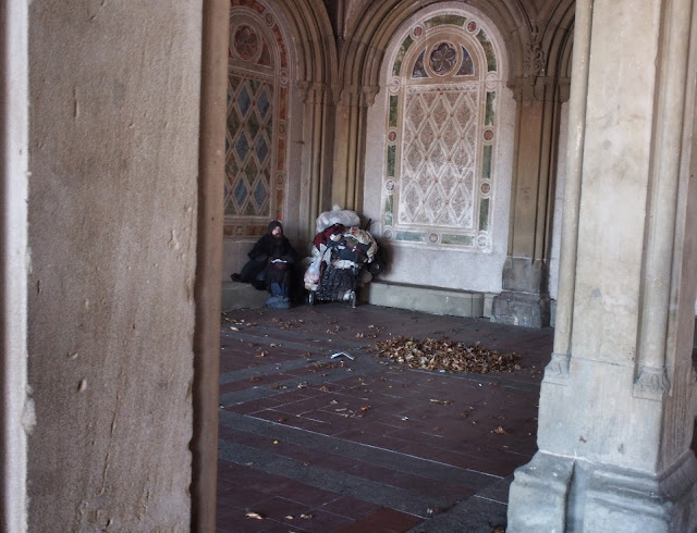 Homeless at Bethesda Fountain, Central Park, NYC, 2013