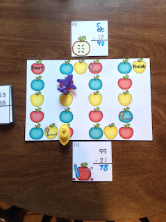  2 Digit Subtraction Regrouping Apple Task Cards