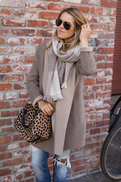 Street fashion grey coat and scarf with leopard prints handbag ...