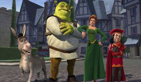 Shrek standing in courtyard with Donkey, Fiona, Farquaard