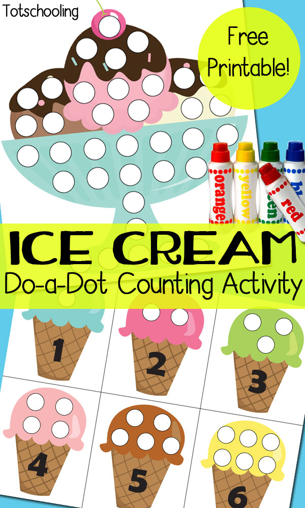 FREE ice cream themed printables to go along with Do-a-Dot markers. Practice counting, number recognition and one-to-one correspondence while decorating the ice cream cones and ice cream sundae.