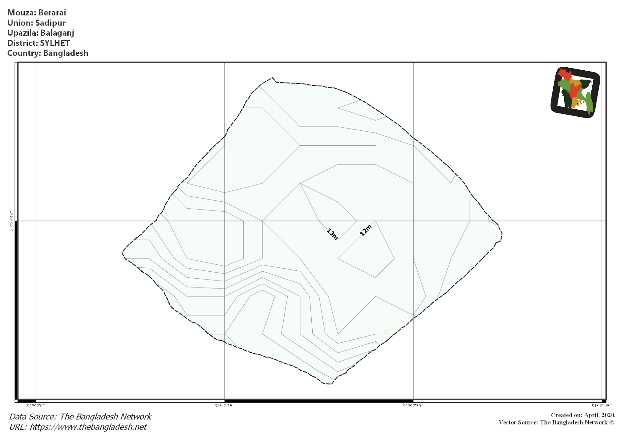 Map of Berarai Mouza of Balaganj Upazila, SYLHET, Bangladesh.