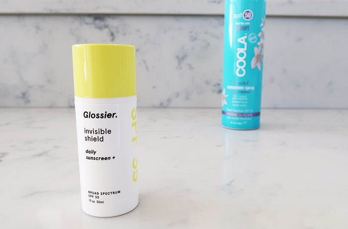 a style caddy, glossier, glossier invisible shield, glossier invisible shield review, coola, coola sunscreen spray, coola sunscreen spray review, spf 35, spf 50, the best spf for every day 