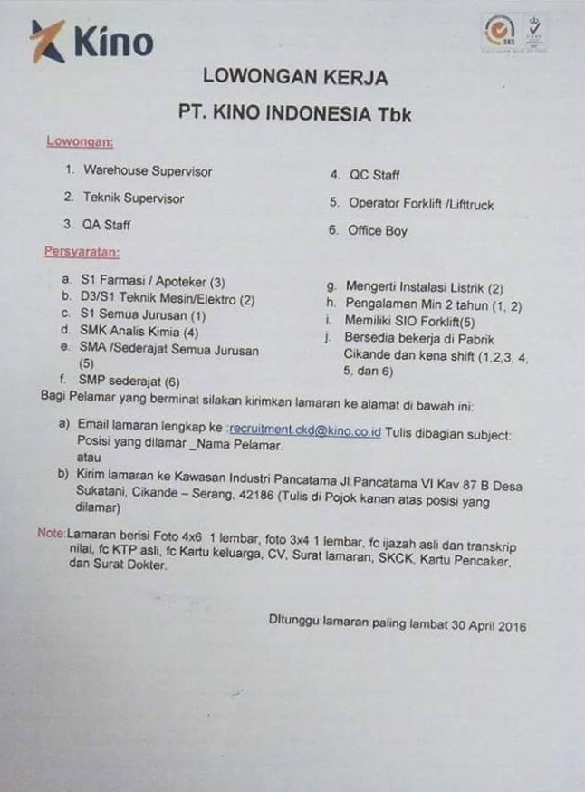 Lowongan Kerja Pt Kino Indonesia Tbk Kawan Loker Lowongan Kerja Pt Kino Indonesia Tbk Kawan Loker